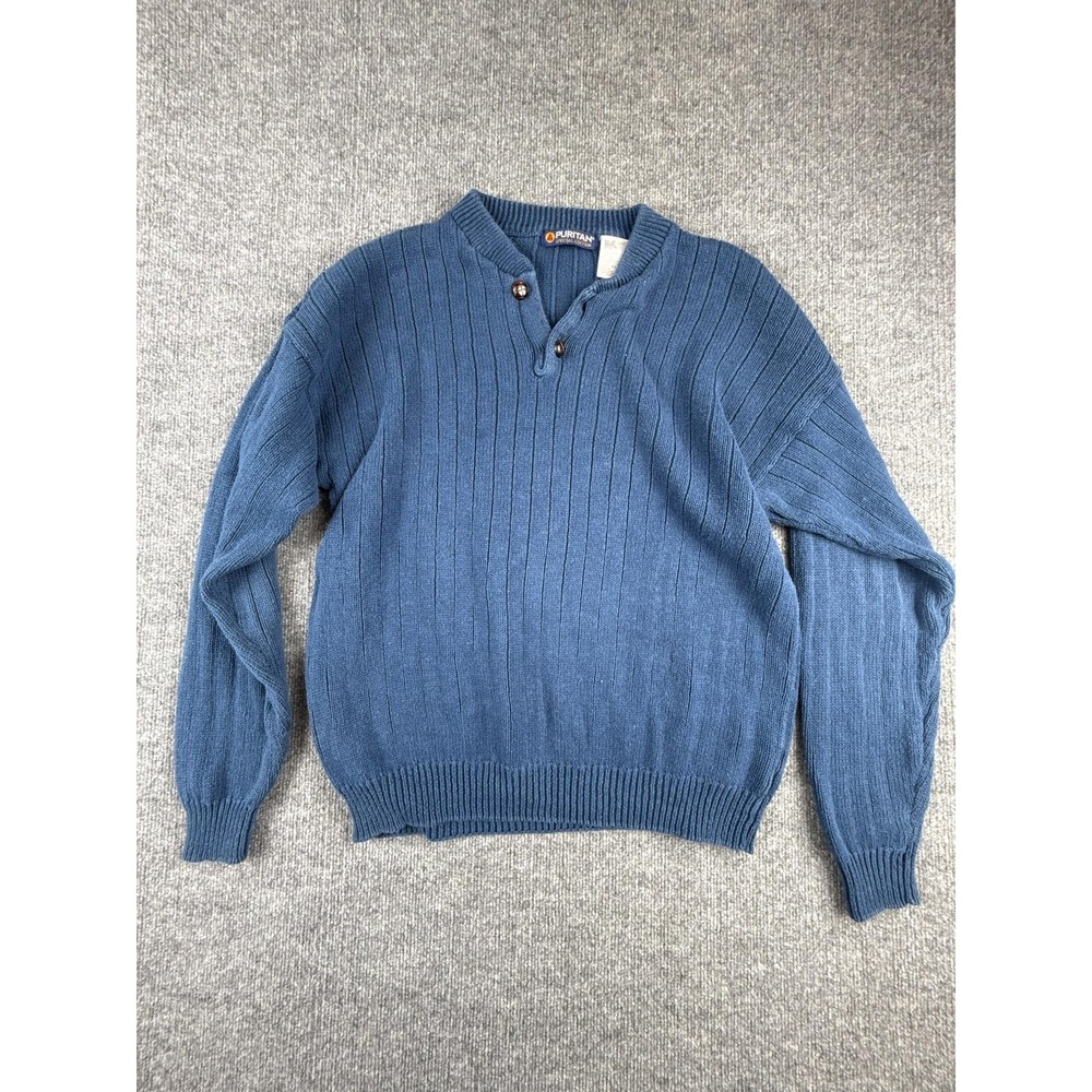 Puritan Sweater Mens 2XL Blue Henley Ribbed Knit‎ Long Sleeve Pullover Casual